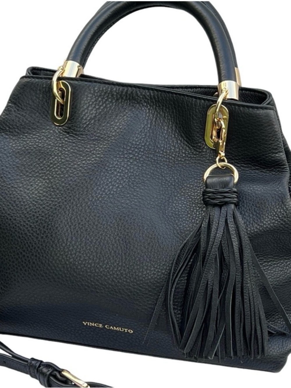 Vince Camuto Black Pebble Leather Tassel Satchel with Gold Hardware